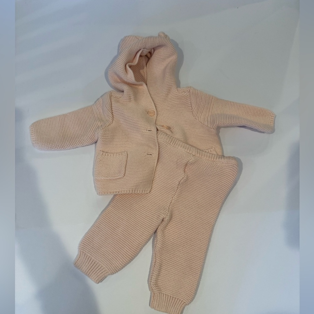 Gap Pink Knit Set Baby Girl Pants And Hooded Bear Sweater 3-6 Month